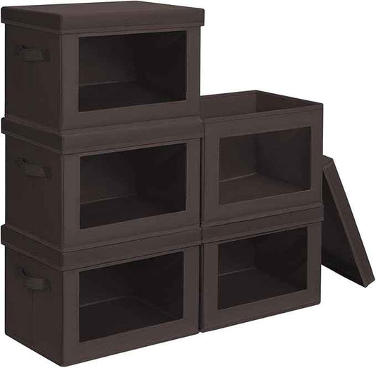 Stackable Storage Bins with Lids - Medium Storage Box with Lids, Foldable Closet Boxes for Organizing, Wardrobe Clothes Organizer with Window, Cubes Bins for Living Room, 5 Pack, Brown