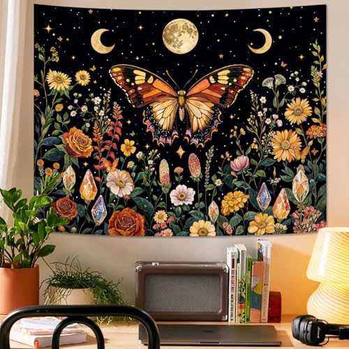 Boho Butterfly Tapestry Flower Moon Wall Tapestry