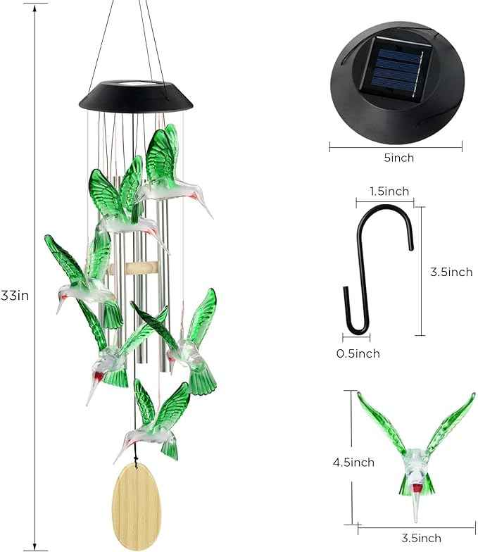 Solar Wind Chime, Solar Hummingbird Wind Chimes Outdoor/Indoor(Gifts for Mom/Grandma/Sister/Friend) Outdoor Decor,Yard Decorations Mom's Wind Chimes,