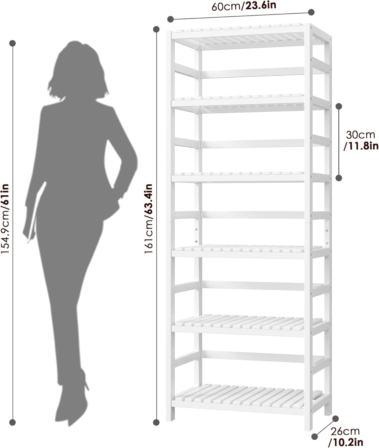 FOTOSOK 6-Tier Bamboo Shelf Set of 2, Bamboo Bookcase with Adjustable Shelves, Free Standing Storage Shelf Unit Plant Flower Stand, Tall Large White Bookshelf for Kitchen, Bathroom, Home Office, White - NestledHome