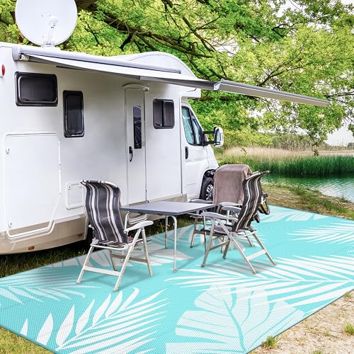 Outdoor Rug Waterproof Plastic Rugs 10'x14' for Camping Navy White (140 Sq Ft)