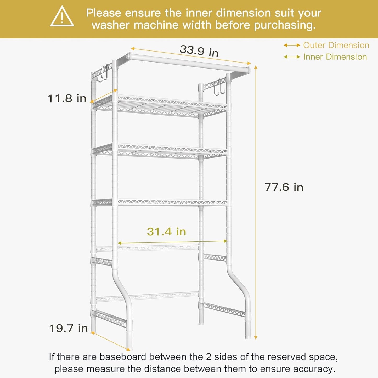 Ulif U11 Over Washer and Dryer Shelves, 3 Tiers Laundry Room Storage and Organizer Standing Shelf, Metal Freestanding Clothes Drying Rack, 33.9" W x 19.7" D x 77.6" H, White - NestledHome