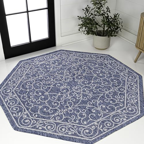 Vintage Filigree Indoor Outdoor Octagon Area Rug 5 Ft Navy
