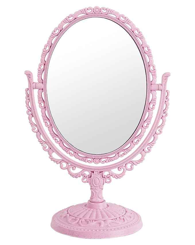 XPXKJ Pink Vintage Vanity Mirror Shabby Chic Decor | 360° Rotating Double-Sided Table Makeup Mirror with Stand Bedroom Decoration Perfect for Tabletop, Desk, Or Makeup Station