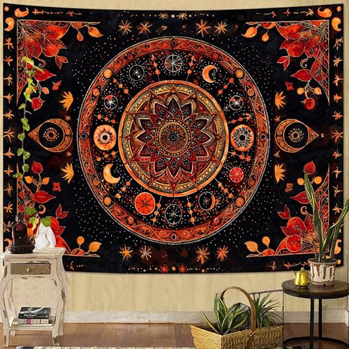 Mandala Moon and Stars Tapestry Boho Tapestry for Bedroom Black and Orange Tapestries Wall Hanging Living Room Wall Art and Home Decor 60x80