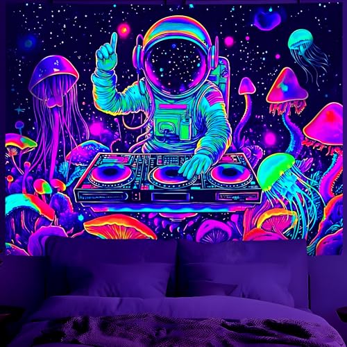 Blacklight Space Astronaut Tapestry UV Reactive Galaxy Planet Glow in Dark Tapestries Black Light Poster Neon Wall Hanging Art for bedroom Living Room