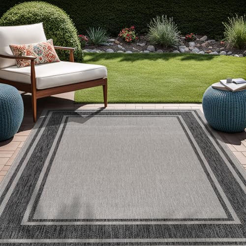 Outdoor Rug 6x9 Modern Bordered Area Rugs for Indoor and Outdoor Patio Deck Porch Garden Waterproof Weather Sun Resistant Washable Outside Carpet (54 Sq Ft)