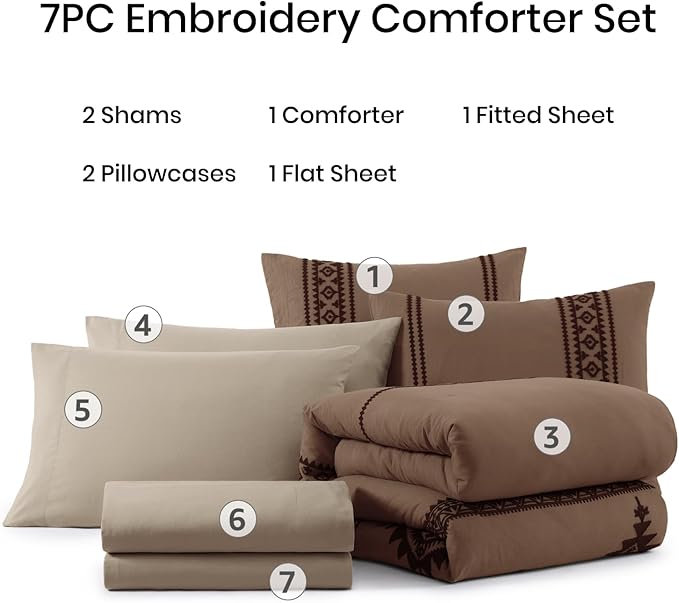 MaiRêve Embroidery Comforter Set, Boho Farmhouse Western Bedding Set, All Season Bed in A Bag Comforter Set with Sheets, Pillowcases & Shams, Brown Queen 7 Pieces