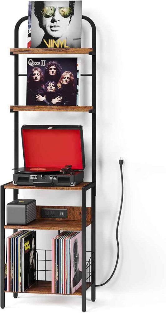 Record Player Stand with Power Outlet, Turntable Stand with 2-Tier Vinyl Record Storage, Record Player Table Up to 200 Albums, End Table for Vinyl Record Holder for Living Room