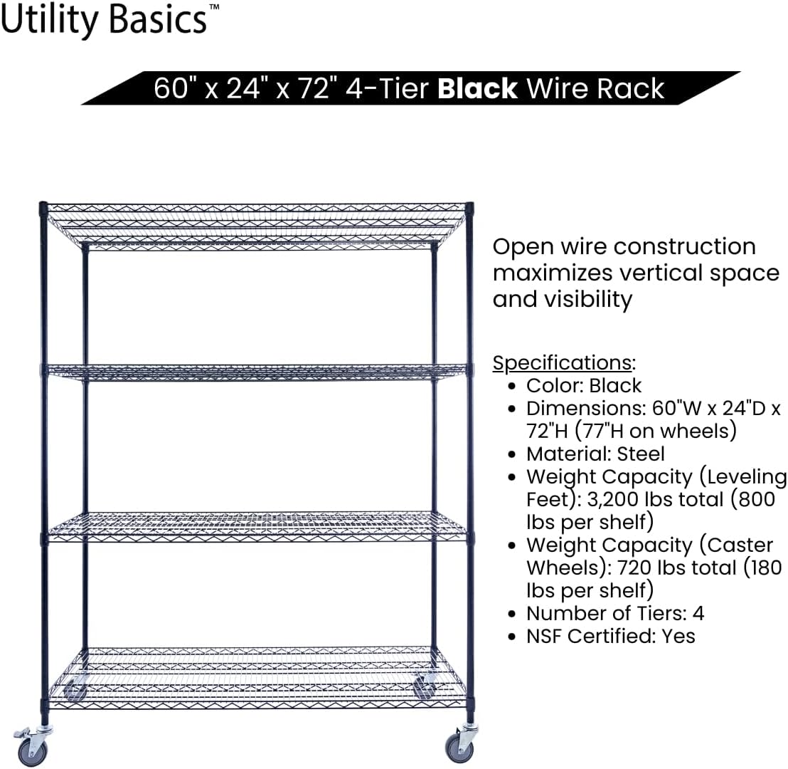 60"x24"x72" Premium Metal Steel 4-Tier Wire Shelving NSF 3200 LBS MAX Capacity Heavy Duty Storage Rack for Hospitals, Schools, Commercial Spaces, and Garages w/Premium Wheels - NestledHome