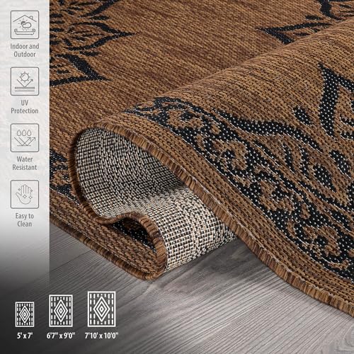 Outdoor Rug 10x14 Medallion Nut Brown Black Modern Area Rugs for Large Indoor and Outdoor Patios