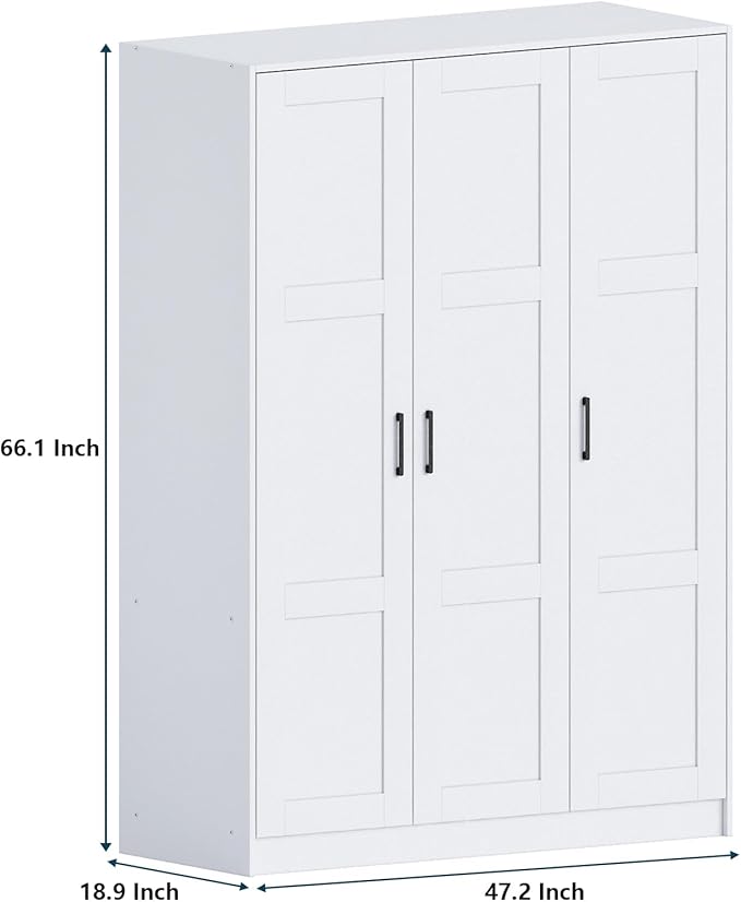 3 Doors Wooden Wardrobe Closet Armoire, White Storage Cabinet for Hanging Clothes, Bedroom Large Capacity Freestanding Armoire,Wood Wardrobe Combination with Shelves