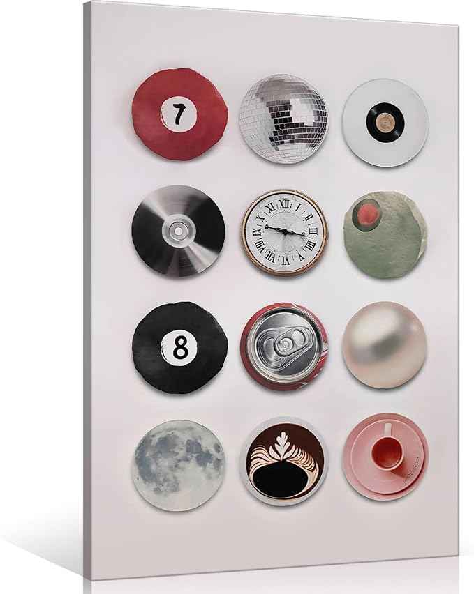Colorful Vintage Disco Ball Canvas Wall Art, Retro 8 Lucky 7 Ball Poster, Trendy Music Record Painting, Funky Aesthetic Moon Coffee Cup Prints for Apartment Dorm Decor 12X16In Framed
