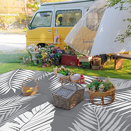 Outdoor Rug Waterproof Plastic Rugs 9'x18' for Camping Grey White