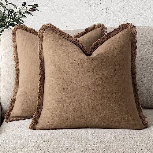 Decorative Linen Fringe Throw Pillow Covers 22×22 Khaki Brown (2 Count)