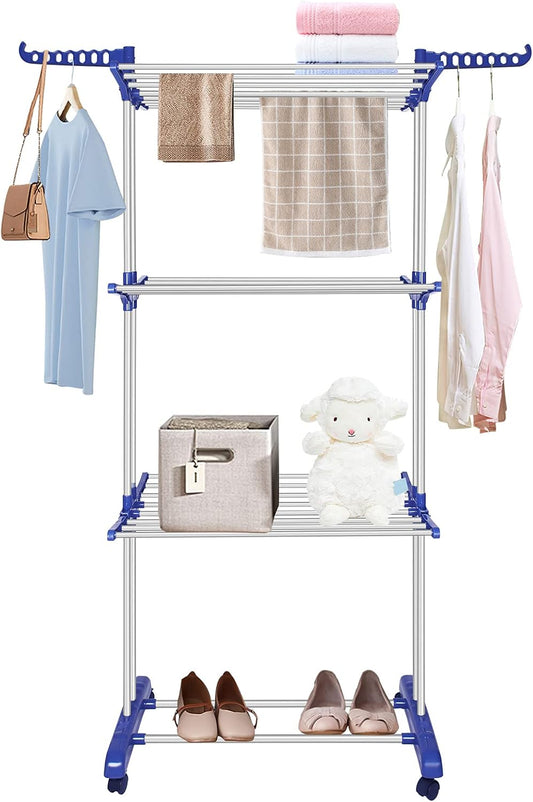 Bigzzia Clothes Drying Rack, Folding Stainless Steel Drying Rack Clothing Indoor Outdoor, Space-Saving, 4 Tier Laundry Drying Rack with Two Side Wings Grey Blue - NestledHome
