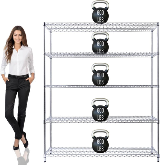 60"x24"x72" PRIME HEAVY DUTY Chrome 5-Tier Wire Shelving NSF 3000 LBS MAX Capacity Storage Rack for Commercial, School, Home, Garage, Warehouse, Industrial, and Hospital Uses (with Wheels) - NestledHome