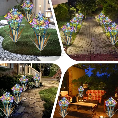Solar Metal Agave Butterfly Flower Stick Garden Sculpture (3 Count)