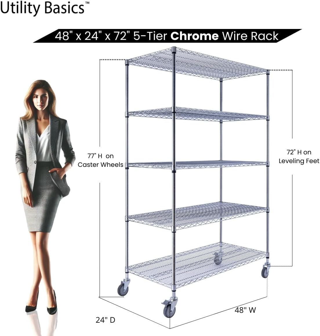 48"x24"x72" Chrome 5-Tier PREMIUM Wire Shelving NSF 4000 LBS MAX CAPACITY Heavy Duty Steel Storage Rack for Warehouses, Garages, Hospitals, Commercial Spaces, & Schools w/PREMIUM WHEELS - NestledHome
