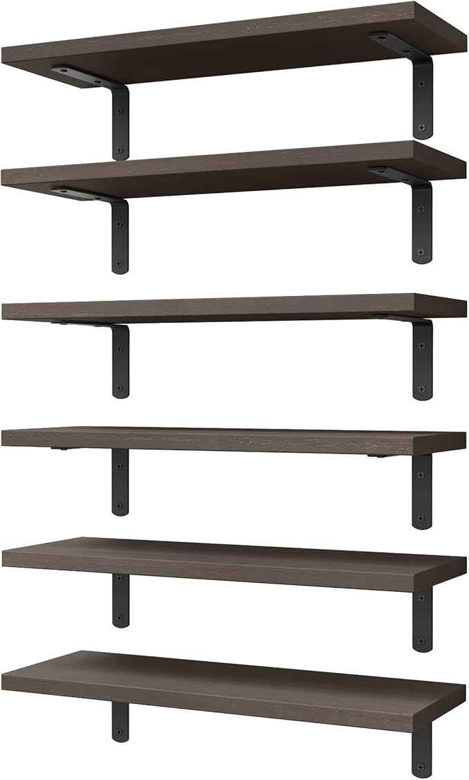 WOPITUES Wood Floating Shelves Set of 6, Shelves for Wall Decor, Farmhouse Shelf for Bedroom, Bathroom Storage Shelves, Book Shelves for Living Room, Dark Brown
