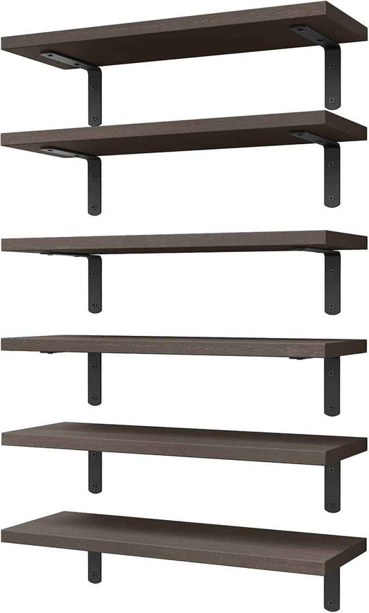 WOPITUES Wood Floating Shelves Set of 6, Shelves for Wall Decor, Farmhouse Shelf for Bedroom, Bathroom Storage Shelves, Book Shelves for Living Room, Dark Brown