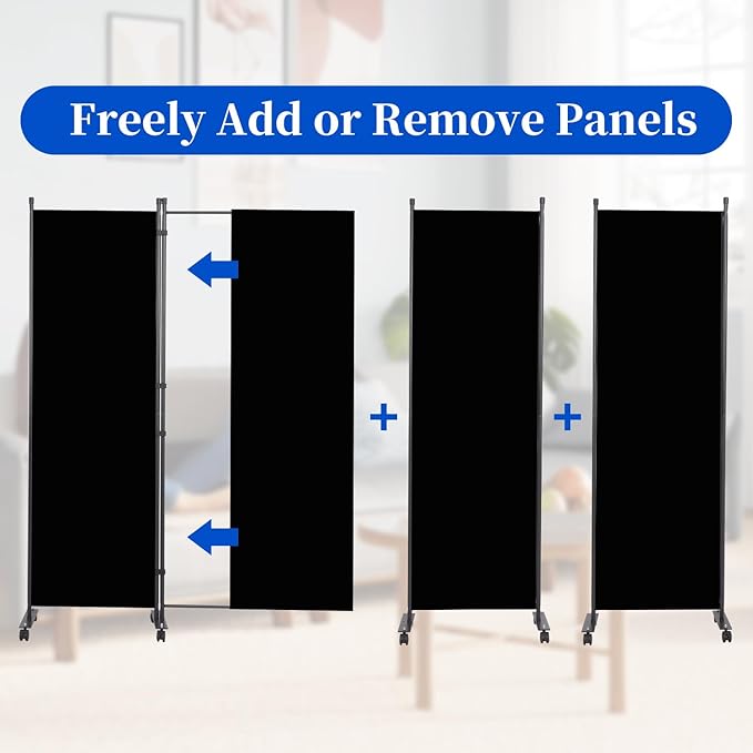 Room Divider 6FT Room Partition with Lockable Wheels, (Thicked Metal Base) Room Dividers, Freestanding Indoor Folding Privacy Screens, Portable Fabric Wall Divider for (Black, 21.5"- 1 Panel)