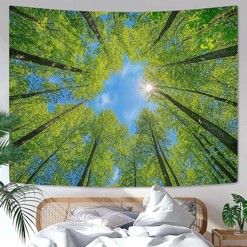 Nature Forest Tree Celling Tapestry Lush Green Treetops Sunlit Tapestry for Bedroom Aesthetic Sky Sunlight Canopy Leaves Landscape Tapestries Wall Hanging for Living Room Dorm Office 90 x 68 Inch