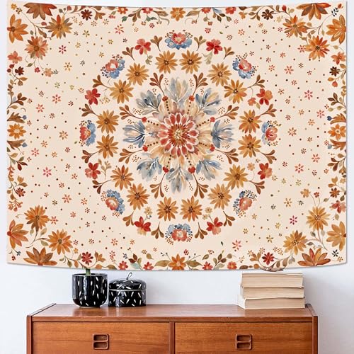 Boho Floral Mandala Tapestry Wall Hanging Watercolor Bohemian Flower Medallion Tapestry Aesthetic Beige Orange Hippie Indian Small Tapestries for Bedroom Living Room Dorm Decor 60 x 44 Inch