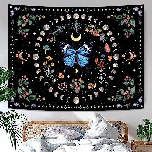 Blue Butterfly Moon Flower Tapestry Botanical Boho Plant Floral Tapestry for Bedroom Aesthetic Hippie Vintage Tapestries Wall Hanging for Living Room Dorm
