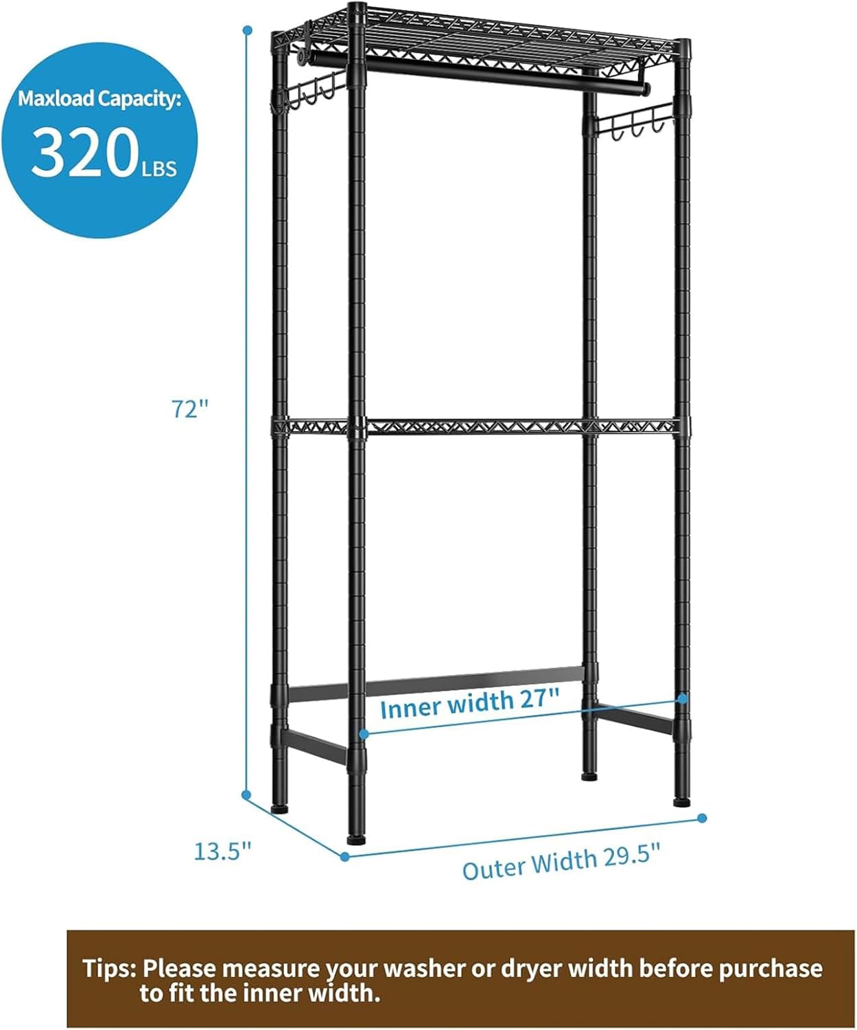 Over Washer and Dryer Shelves,2 Tier Adjustable Height Wire Shelving Laundry Room Storage Organization Clothes Drying Rack with Hanger Rod&Hooks,Space Saving Organizers Shelf,Black - NestledHome