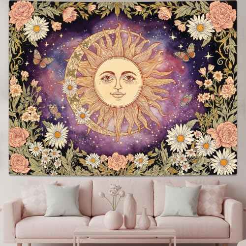 Vintage Sun and Moon Boho Hippie Purple Floral Tapestry 80 x 60 Inch