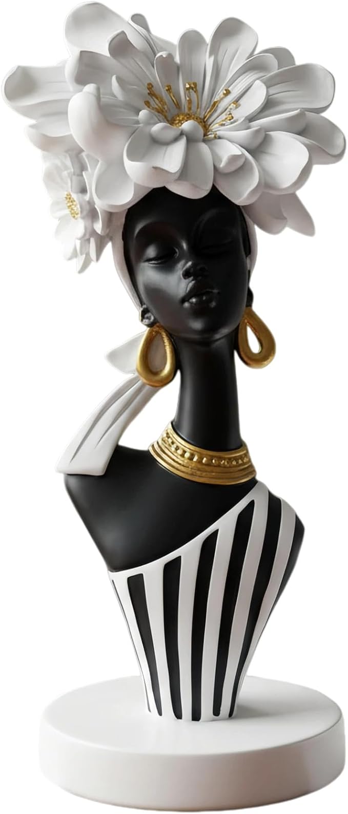 African Woman Art Sculpture with White Flower Crown, Black and White Art Statue,Elegant African-Inspired Art Gift Suitable for Various Settings Such as Home, Bookshelves, desks, or Offices