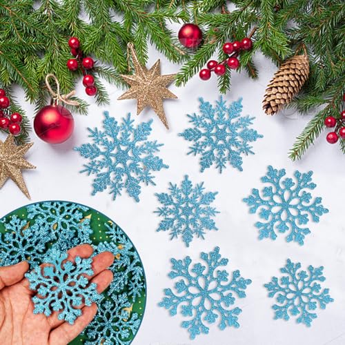 36pcs Christmas Light Blue Snowflake Ornaments Plastic Glitter Snow Flakes Ornaments for Winter Christmas Tree Decorations Size Varies Craft Snowflakes (36 Count)