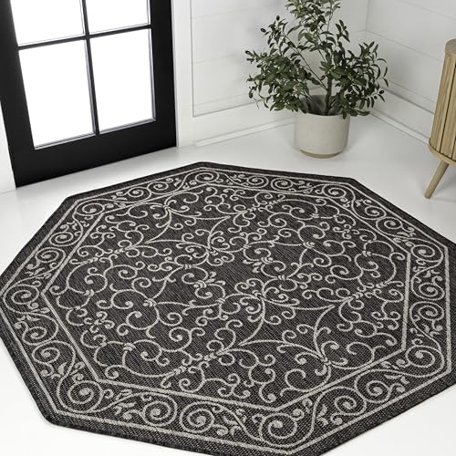 Vintage Filigree Indoor Outdoor Octagon Area Rug 8 Ft Black