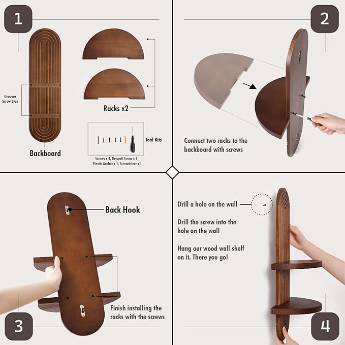 Modern Wall Shelf with Arched Wood Design Mid-Century Double Floating Rainbow Shelves for Indoor Decoration Holding Planter Ornaments, 22 x 11.6 Inch (Walnut)