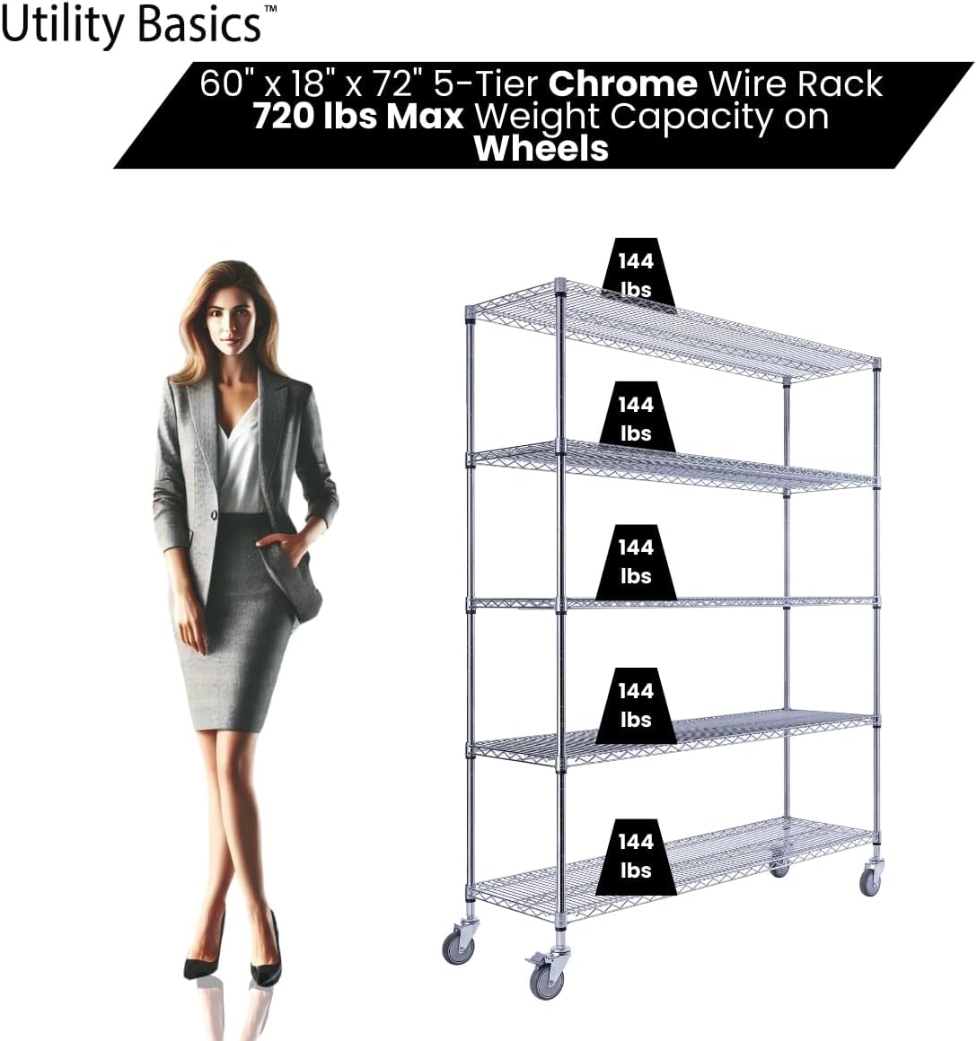 60"x18"x72" Chrome 5-Tier PREMIUM Wire Shelving NSF 4000 LBS MAX CAPACITY Heavy Duty Steel Storage Rack for Warehouses, Garages, Hospitals, Commercial Spaces, & Schools w/PREMIUM WHEELS - NestledHome