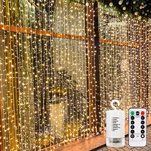 9.8ft×9.8ft Curtain Lights Battery Operated with Remote Warm White