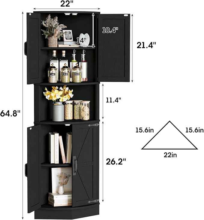 Vabches 64.8" Tall Farmhouse Corner Cabinet with 4 Doors and 5 Storage Shelves, Farmhouse Storage Cabinet with Barn Door Design, Home Space Saver for Living Room, Kitchen, Laundry Room,Black