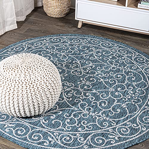 Vintage Filigree Indoor Outdoor Round Area Rug 8 Ft Teal