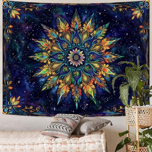 Boho Floral Mandala Tapestry for Bedroom Aesthetic Blue Bohemian Colorful Flower Wall Tapestry Purple Hippie Indian Large Tapestries Wall Hanging for Living Room Dorm Decor 80 x 60 Inch