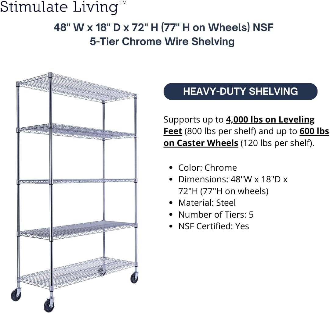 48"x18"x72" PRIME HEAVY DUTY Chrome 5-Tier Wire Shelving NSF 4000 LBS MAX Capacity Storage Rack for Commercial, School, Home, Garage, Warehouse, Industrial, and Hospital Uses (with Wheels) - NestledHome