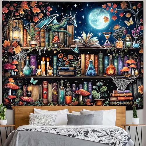 Dragon Bookshelf Tapestry Witchy Mushroom Bookshelf Tapestries Wall Hanging Gothic Medieval Fantasy Moon Dark Academia Book Extra Large Tapestry for Bedroom Living Room Dorm 90 x 68 inch
