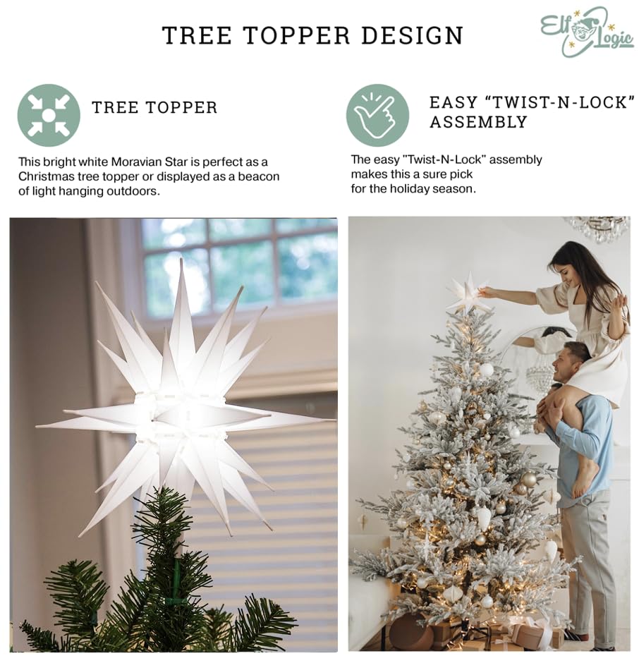 12" Bright White LED Moravian Star Tree Topper