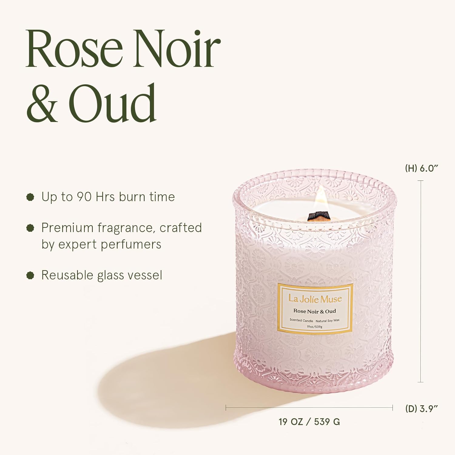 LA JOLIE MUSE Rose Noir & Oud Scented Candle – Lemon, Rose & Oud |19 oz Large Wooden Wick Candle | Natural Soy Wax | 90 Hours Clean Burn | Gift-Ready for Hosts & Gatherings | Elegant Home Décor - NestledHome