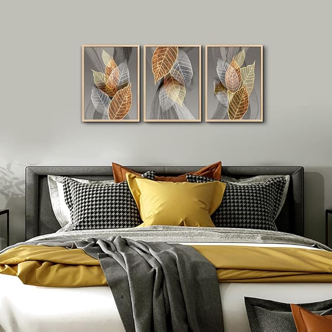 Natural Framed Canvas Wall Art - 3 Piece Abstract Leaves Prints for Living Room, Bedroom, Modern Bathroom, Kitchen Decor