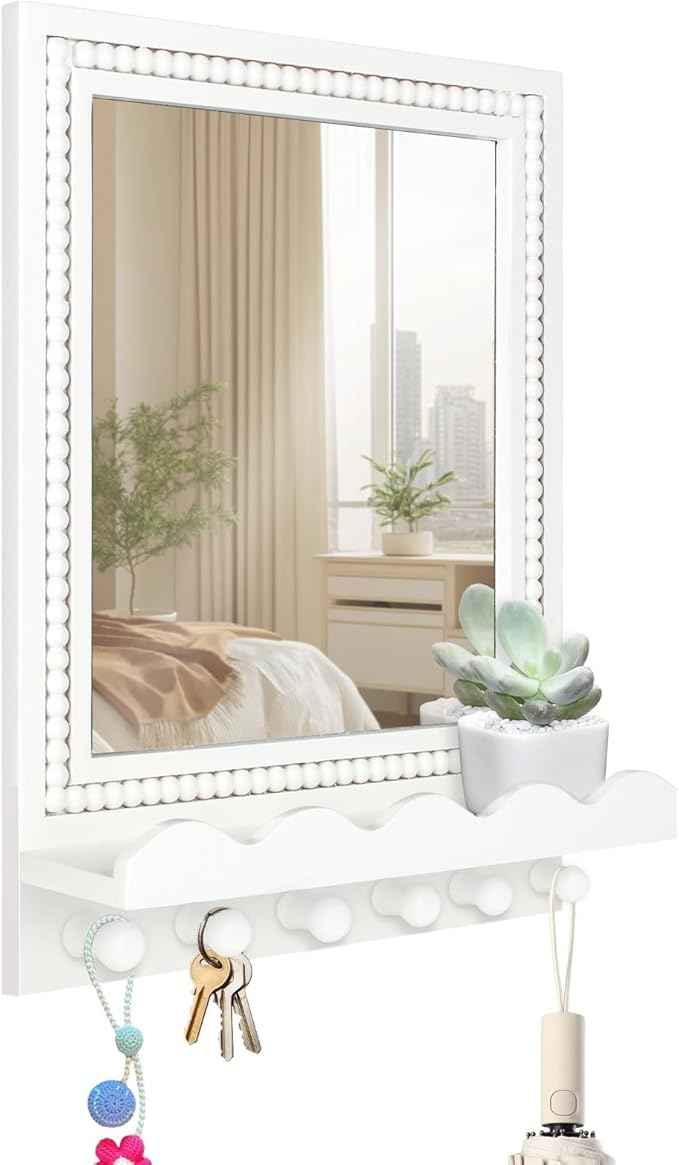 Tirzah 16x12 Inch Wall Mount Beaded Wood Framed Mirror with Shelf and 6 Hooks, White Decorative Entryway Mirror with Storage for Laundry Room, Bathroom, Bedroom