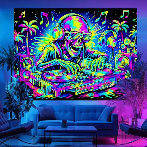 Blacklight Tapestry DJ Skeleton Wall Art 78 x 59 Inch
