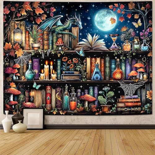 Dragon Bookshelf Tapestry Witchy Mushroom Bookshelf Tapestries Wall Hanging Gothic Medieval Fantasy Moon Dark Academia Book Extra Large Tapestry for Bedroom Living Room Dorm 90 x 68 inch