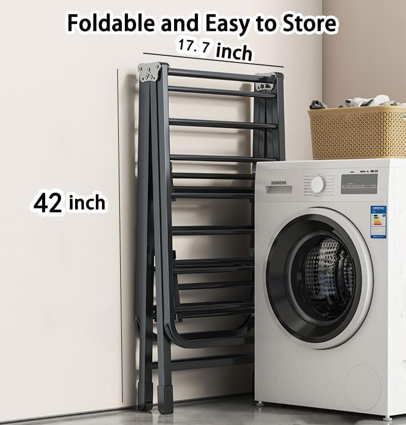 Mimiblack Heavy Duty Clothes Drying Rack Foldable with Wheels, 71'' Extra-Thick Metal Laundry Dryer Stand, 27 Rods Free-Standing for Indoor/Outdoor Windproof Use - Large Size - NestledHome
