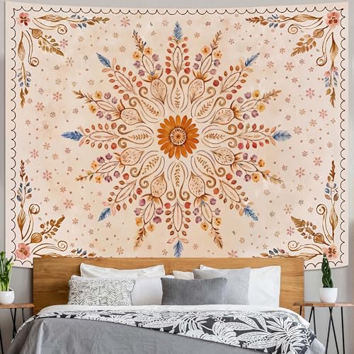Boho Floral Mandala Tapestry for Bedroom Aesthetic Watercolor Bohemian Flower Wall Tapestry Brown Beige Hippie Indian Extra Large Tapestries Wall Hanging for Living Room Dorm Decor 90 x 68 Inch